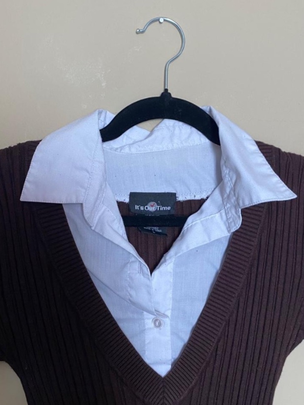 It's Our Time Brown Ribbed V-Neck Sweater Vest with White Attached Shirt